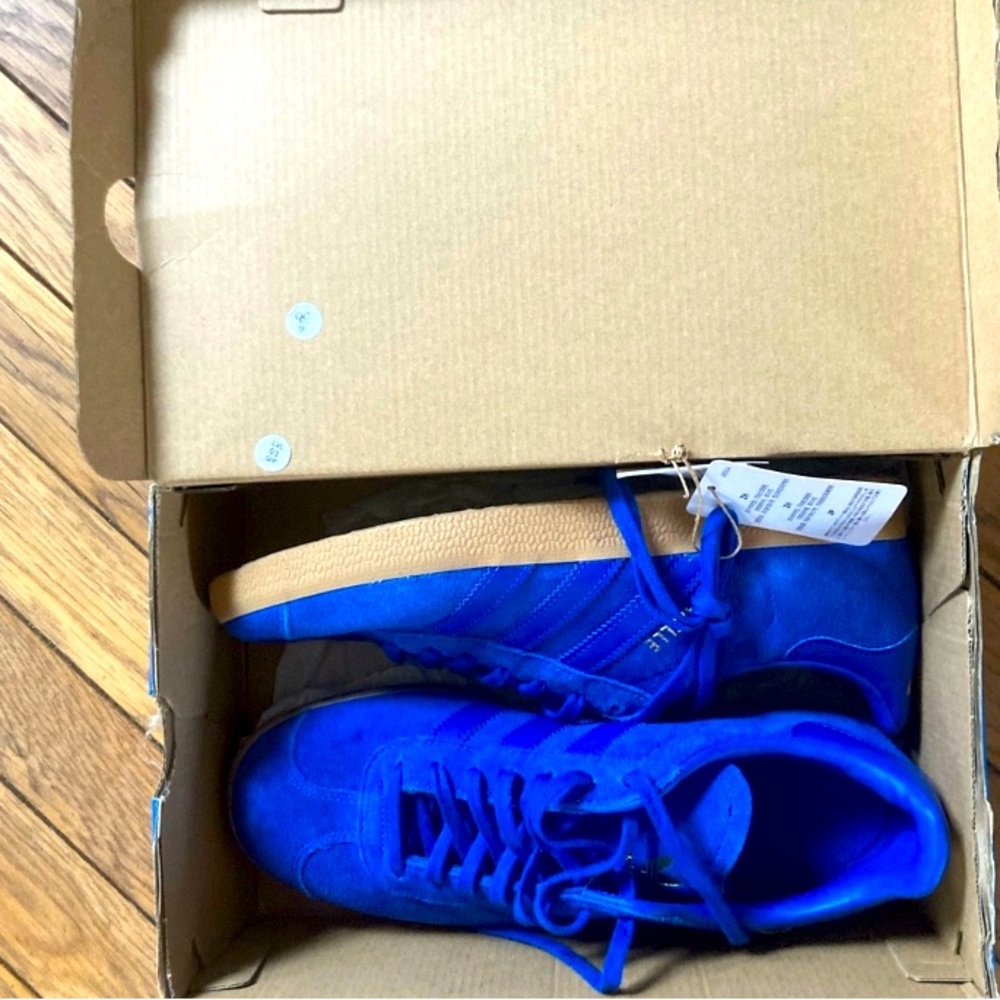 Blue suede Adidas Gazelles